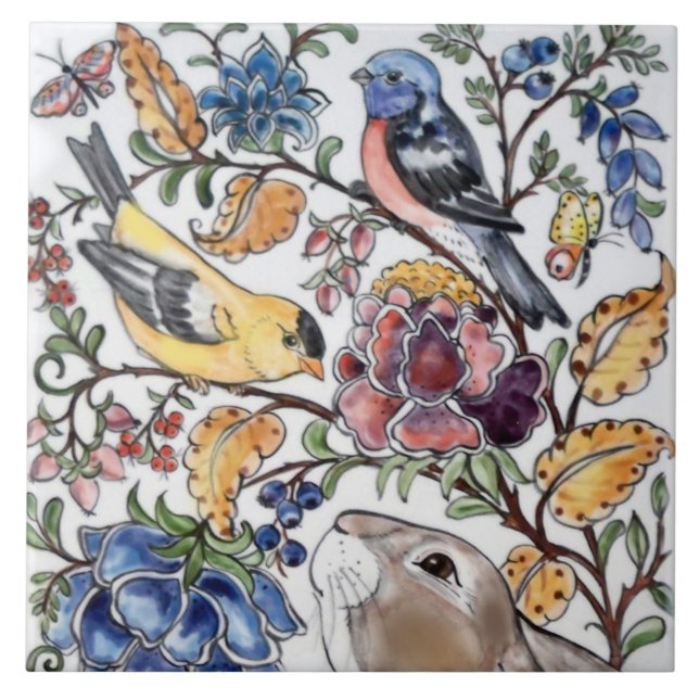 Brown Bunny Rabbit Bird Floral Top Faces L Tile (Front)