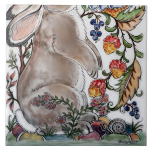 Brown Bunny Rabbit Bird Pretty Floral Mural Bottom Tile