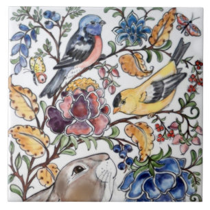 Brown Bunny Rabbit Bird Pretty Floral Mural Top Tile