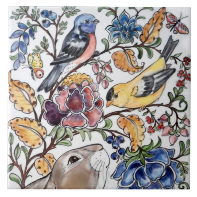 Brown Bunny Rabbit Bird Pretty Floral Mural Top Tile (Front)