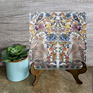Brown Bunny Rabbit Bird Pretty Jacobean Design Tile