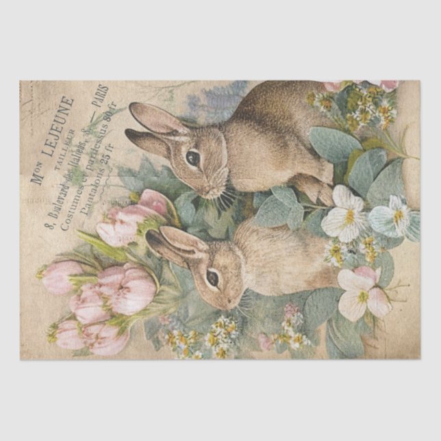 Brown Bunny Rabbit Floral Shabby French Decoupage  Tissue Paper (Front)