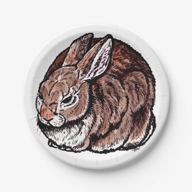 Brown Bunny Rabbit Nature Pen Ink Animal Drawing Paper Plate (Front)