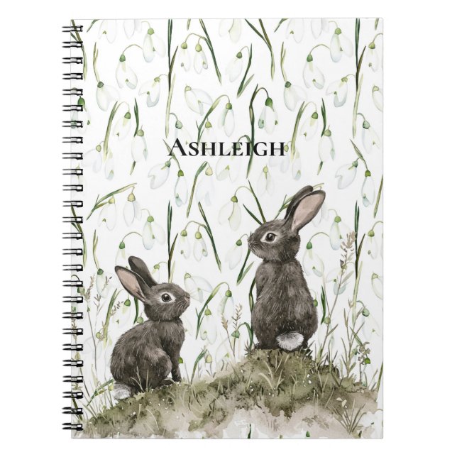 Brown Bunny Rabbits White Floral Notebook (Front)