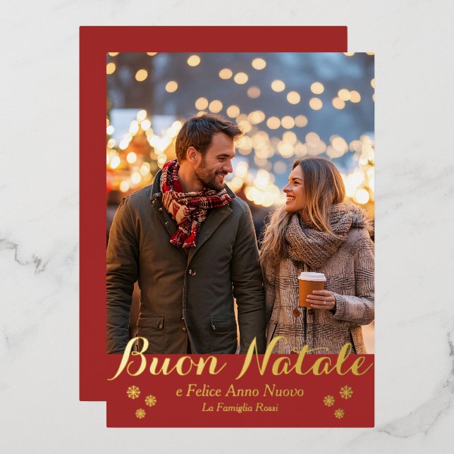 Brown Buon Natale e Felice Anno Nuovo Script Photo Foil Holiday Card (Front/Back)