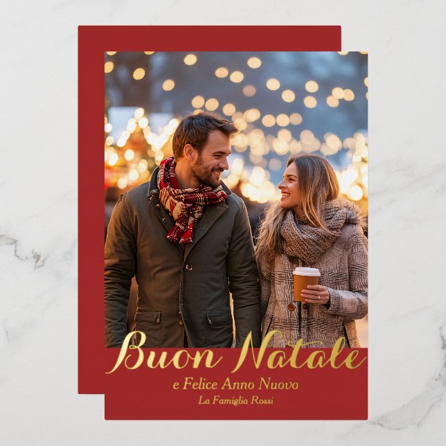 Brown Buon Natale e Felice Anno Nuovo Script Photo Foil Holiday Card (Front/Back)