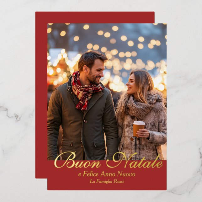 Brown Buon Natale e Felice Anno Nuovo Script Photo Foil Holiday Card (Front/Back)