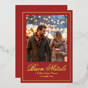 Brown Buon Natale e Felice Anno Nuovo Script Photo Foil Holiday Card