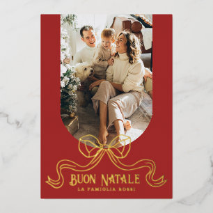 Brown Buon Natale Simple Modern Coquette Bow Photo Foil Holiday Card