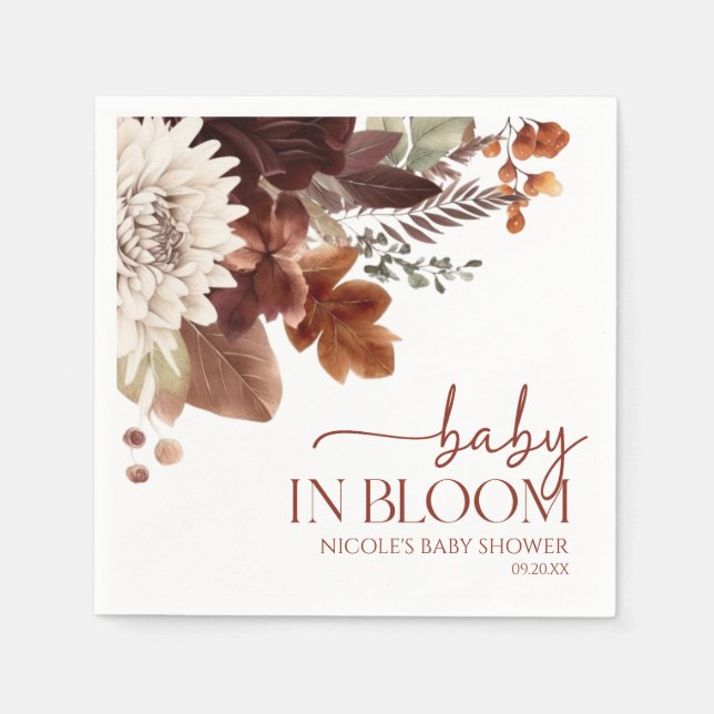 Brown Burgundy Baby In Bloom Floral Baby Shower Napkin (Front)