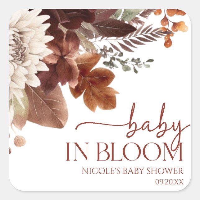 Brown Burgundy Baby In Bloom Floral Baby Shower Square Sticker (Front)