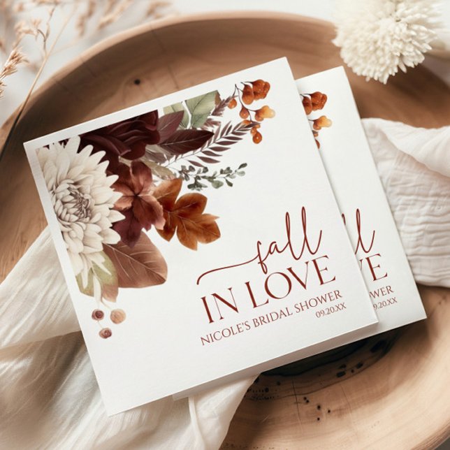 Brown Burgundy Fall In Love Floral Bridal Shower Napkin (Creator Uploaded)
