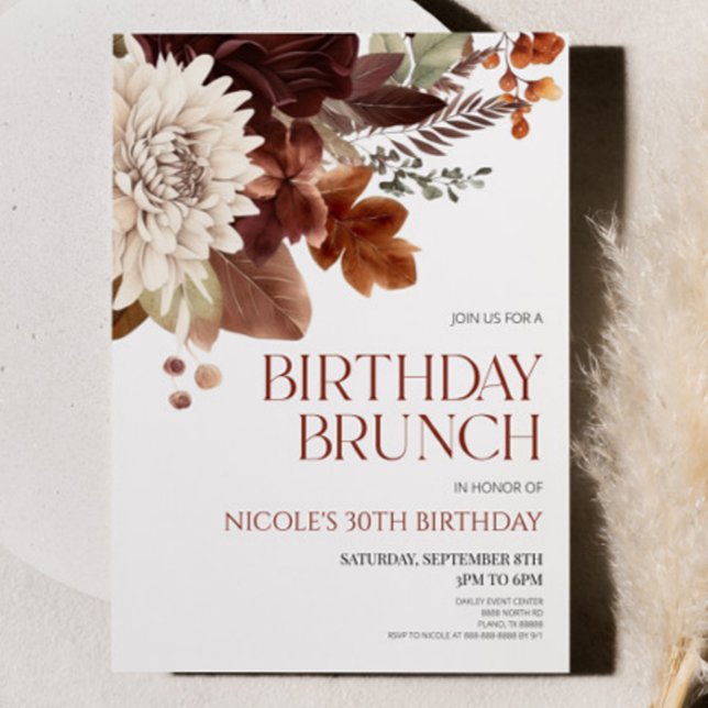 Brown Burgundy Floral Flower Birthday Brunch Party Invitation (Creator Uploaded)