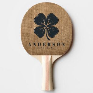 Brown Burlap Four Leaf Clover with Name Ping Pong Paddle