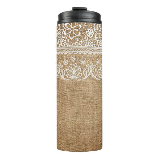 BROWN BURLAP LOOK WITH WHITE LACE LOOK THERMAL TUMBLER