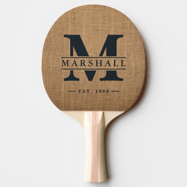 Brown Burlap Monogram & Name Overlay Ping Pong Paddle (Back)