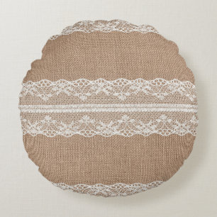 Brown Burlap Off-White Lace Texture Round Cushion