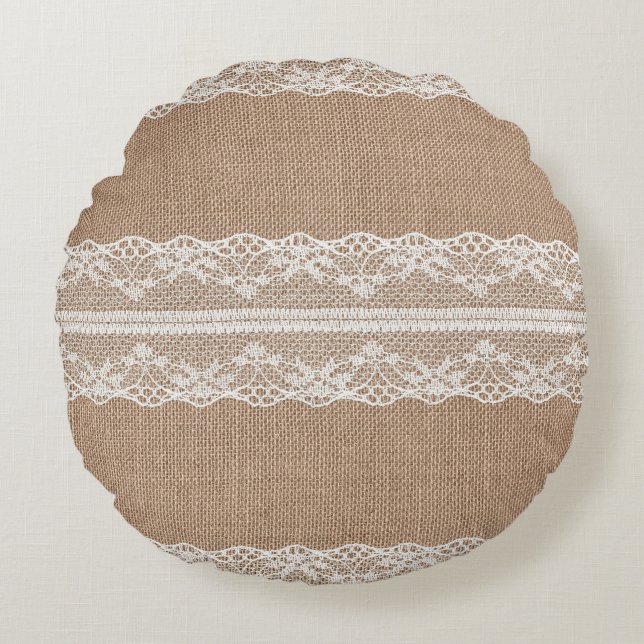Brown Burlap Off-White Lace Texture Round Cushion (Front)
