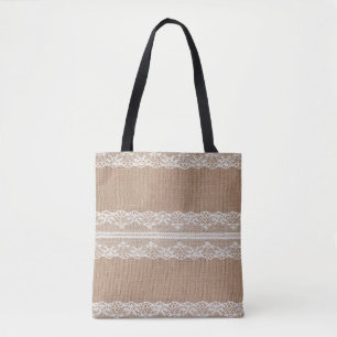 Brown Burlap Off-White Lace Texture Tote Bag
