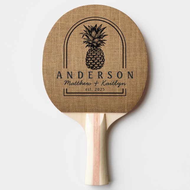 Brown Burlap Pineapple Wedding Arch & Name Ping Pong Paddle (Front)
