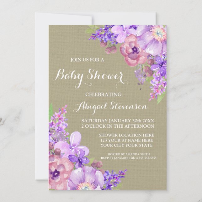 Brown Burlap Purple Watercolor Flowers Baby Shower Invitation (Back)