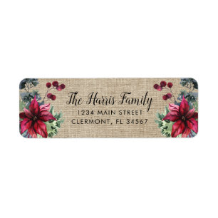 Brown Burlap Red Poinsettia Holly Berries Label
