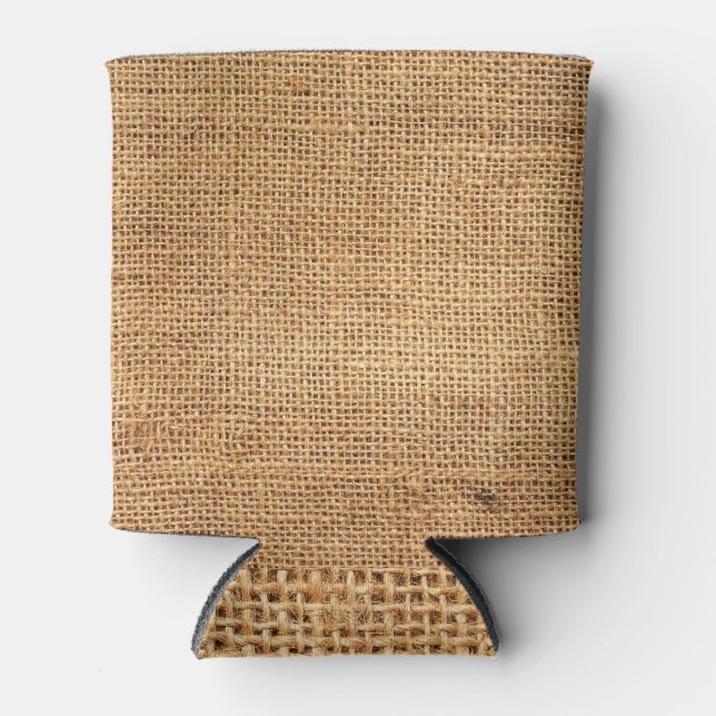 Brown Burlap Sack: Textured Cloth Background Can Cooler (Front)