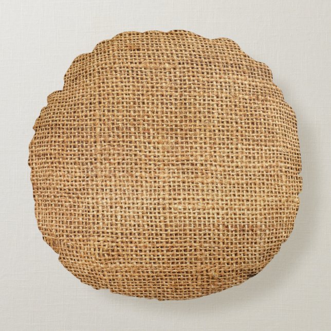 Brown Burlap Sack: Textured Cloth Background Round Cushion (Front)