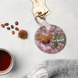 Brown butterfly on pink flower Keychain