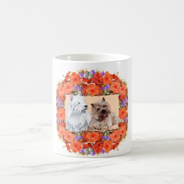 Brown Cairn and Westie Terriers in Floral Coffee Mug (Center)