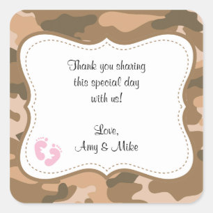 Brown Camo Baby Shower Favour Label w/pink feet