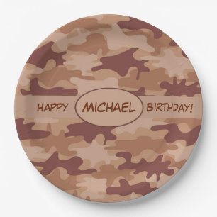 Brown Camouflage Happy Birthday Name Personalised Paper Plate