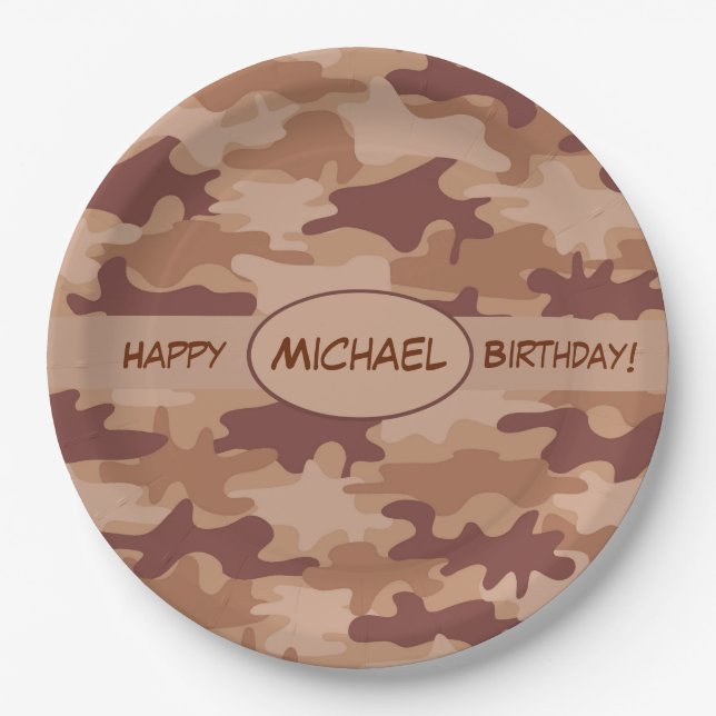 Brown Camouflage Happy Birthday Name Personalised Paper Plate (Front)