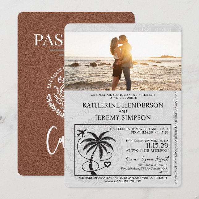 Brown Cancun Passport Wedding Invitation (Front/Back)
