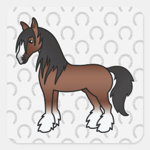 Brown Cartoon Gypsy Vanner Shire Clydesdale Horse Square Sticker