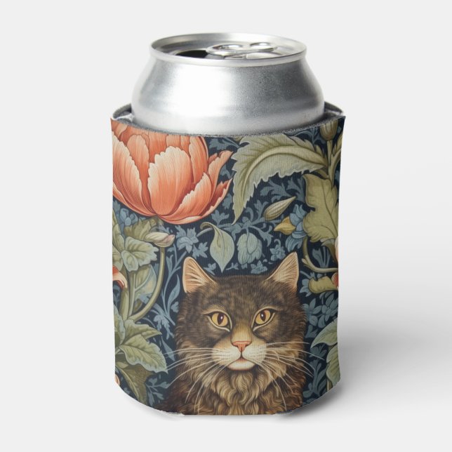 Brown cat and peony flowers art nouveau can cooler (Can Front)