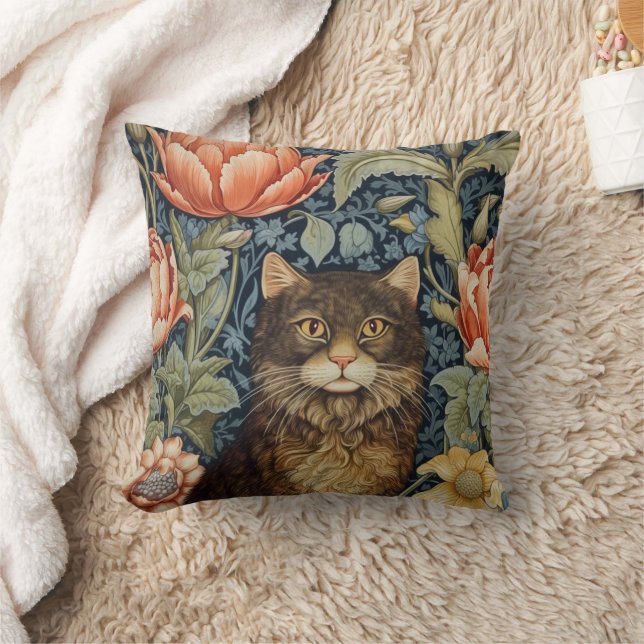 Brown cat and peony flowers art nouveau cushion (Blanket)