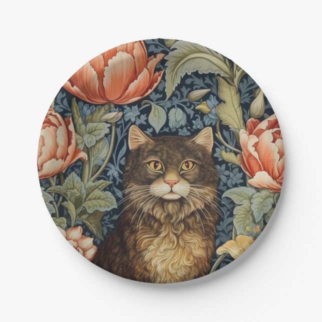 Brown cat and peony flowers art nouveau paper plate (Front)