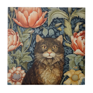 Brown cat and peony flowers art nouveau tile