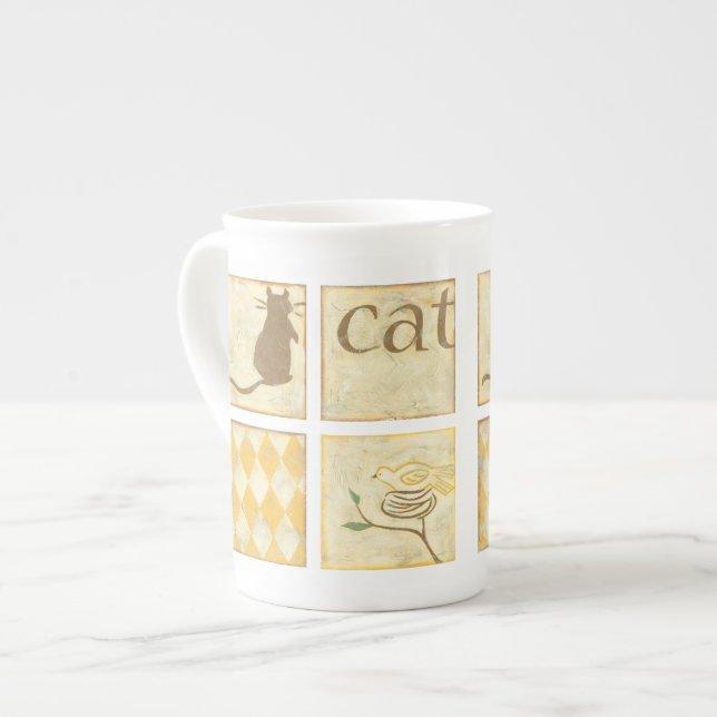 Brown Cat and  Yellow Bird by Chariklia Zarris Bone China Mug (Front Left)