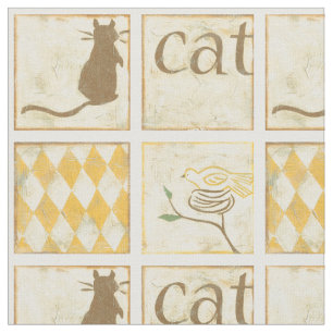 Brown Cat and Yellow Bird by Chariklia Zarris Fabric