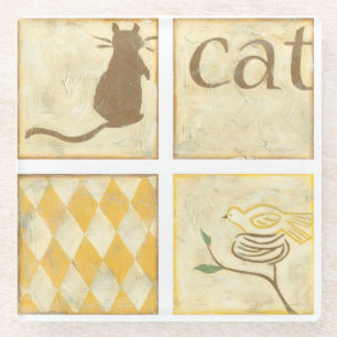 Brown Cat and Yellow Bird by Chariklia Zarris Glass Coaster