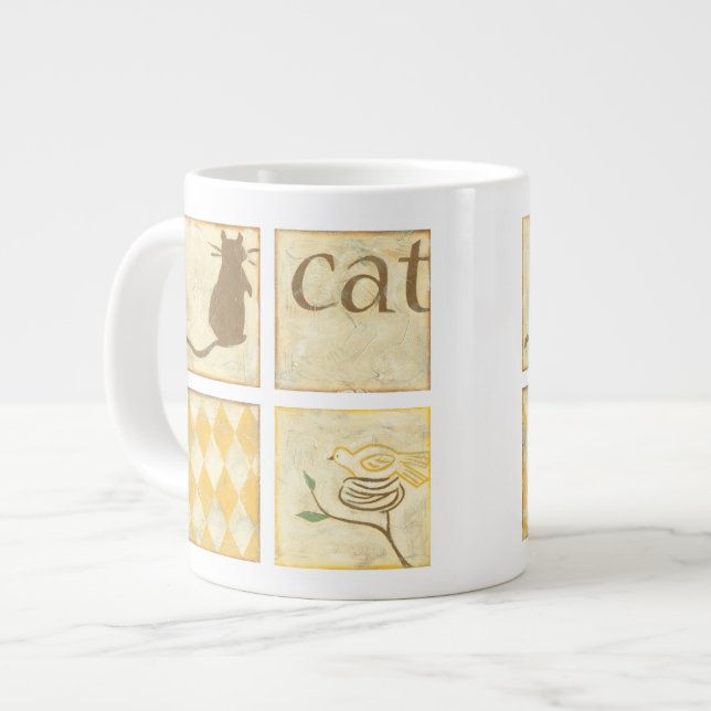 Brown Cat and  Yellow Bird by Chariklia Zarris Large Coffee Mug (Front Left)