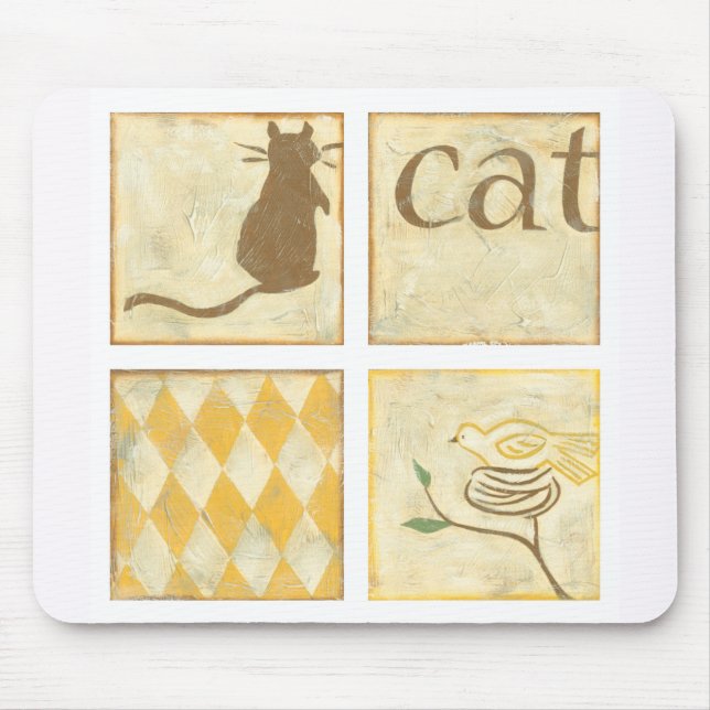 Brown Cat and  Yellow Bird by Chariklia Zarris Mouse Mat (Front)