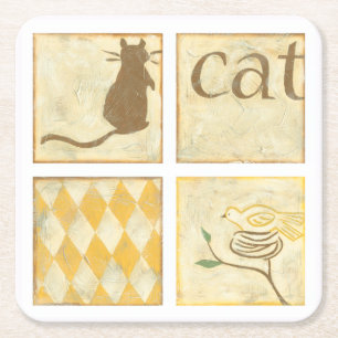 Brown Cat and  Yellow Bird by Chariklia Zarris Square Paper Coaster