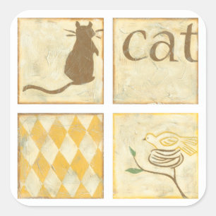 Brown Cat and  Yellow Bird by Chariklia Zarris Square Sticker
