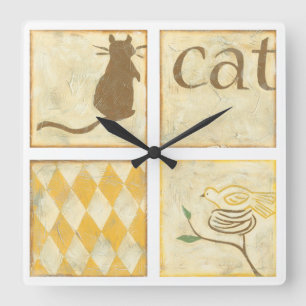 Brown Cat and Yellow Bird by Chariklia Zarris Square Wall Clock
