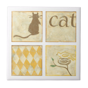 Brown Cat and Yellow Bird by Chariklia Zarris Tile