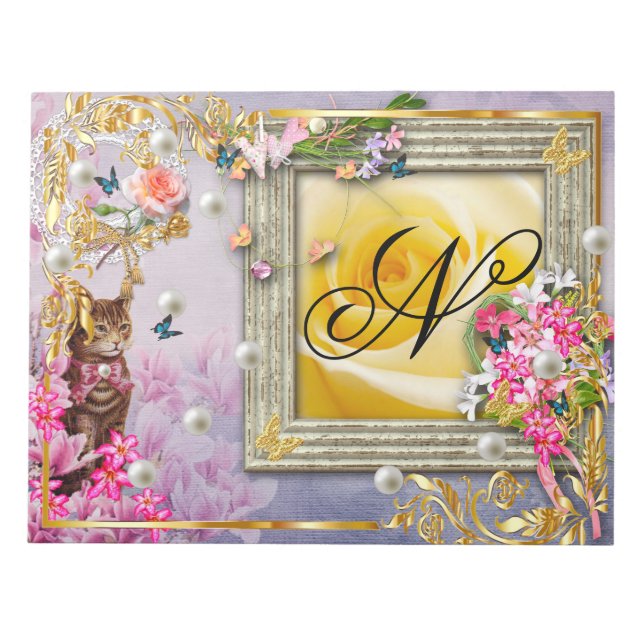 Brown Cat Blue Butterfly Pink Flowers Gold Decor  Notepad (Front)