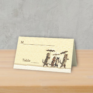 Brown Cats Kittens With Umbrellas in Snow Yellow Place Card